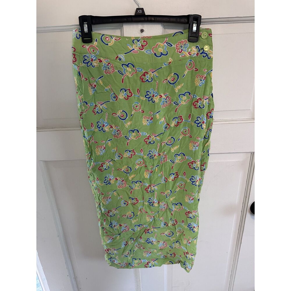 Vintage Cline-Kolarek Green Novelty Print Skirt Colorful Whimsical Midi